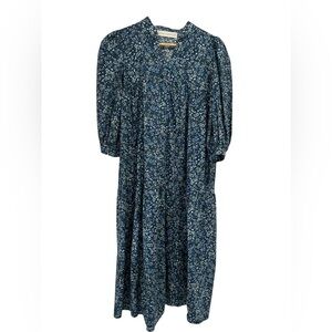 Beverly Drive Cotton Lawn Midi Day Gown Dress in Blue Floral - Size XS